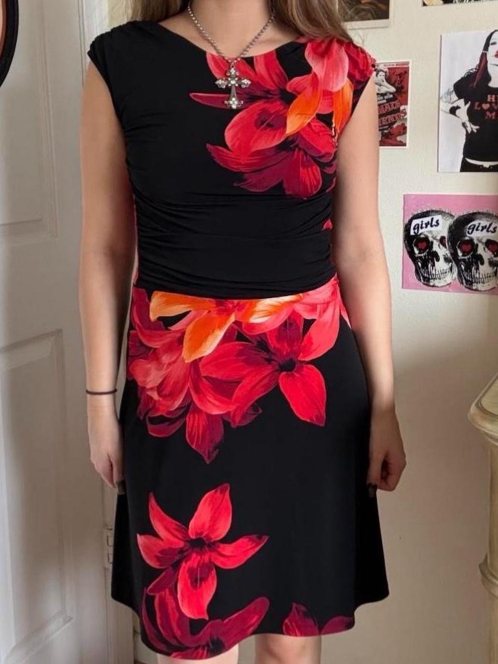 Enfocus Studio Black Midi Dress with Red & Orange Floral Print
